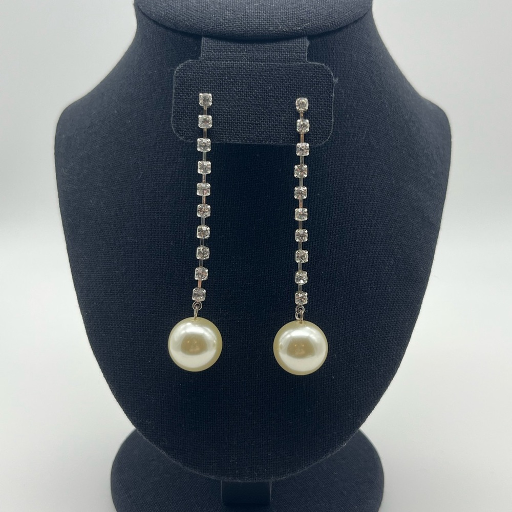Rhinestone Pearl Drop Earrings Silver Tone Long Dangle Chunky Pearl Bridal Prom
